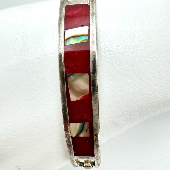 Vintage Mexican Alpaca Silver Tone Bracelet With Red Enamel & Abalone Inlay - Picture 2 of 9